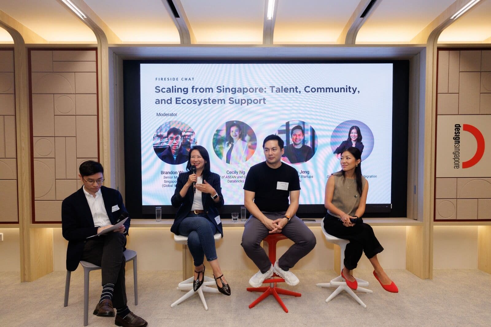 The fireside chat Scaling from Singapore: Talent, Community, and Ecosystem Support, with a moderator and three speakers seated on stage