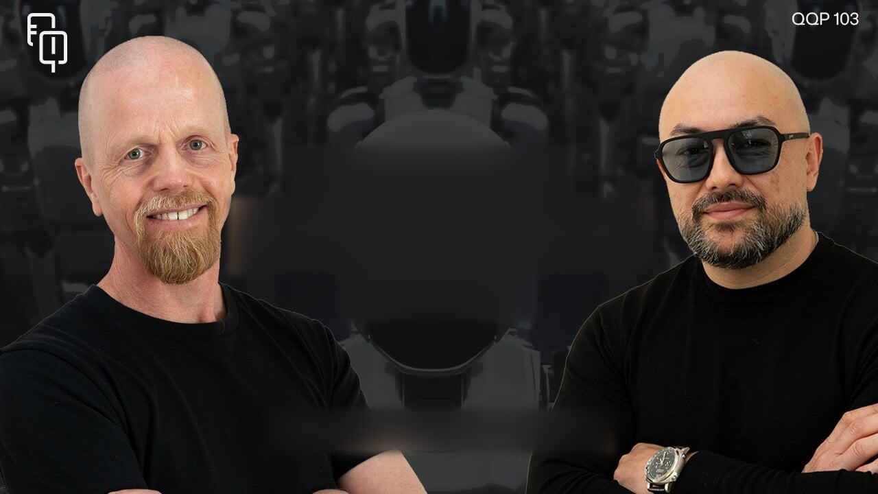 Roger Olofsson and host Paul Quinn side by side in front of a backdrop of humanoid robots, from the Quinntessential Questions Podcast episode 103