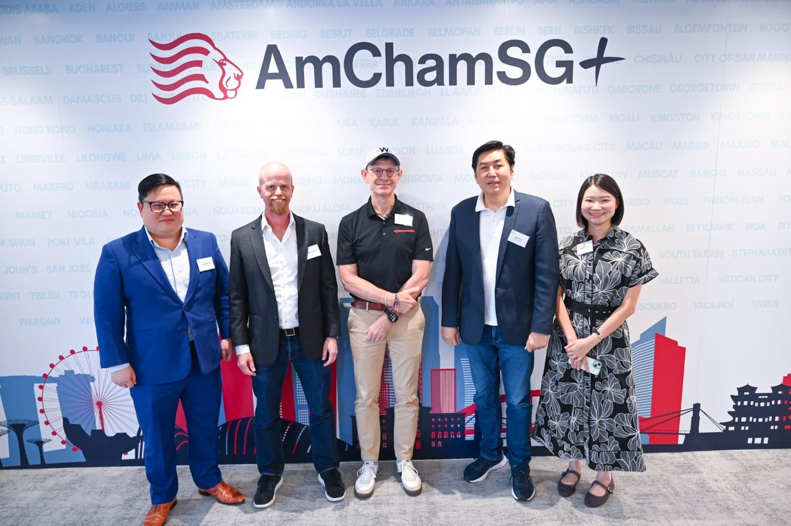 The five Mythos & The Curated Frontier panellists at the AmChamSG backdrop: Alexander Yap, Roger Olofsson, Brian Fletcher, Alfred Tan, and Melissa Yoong
